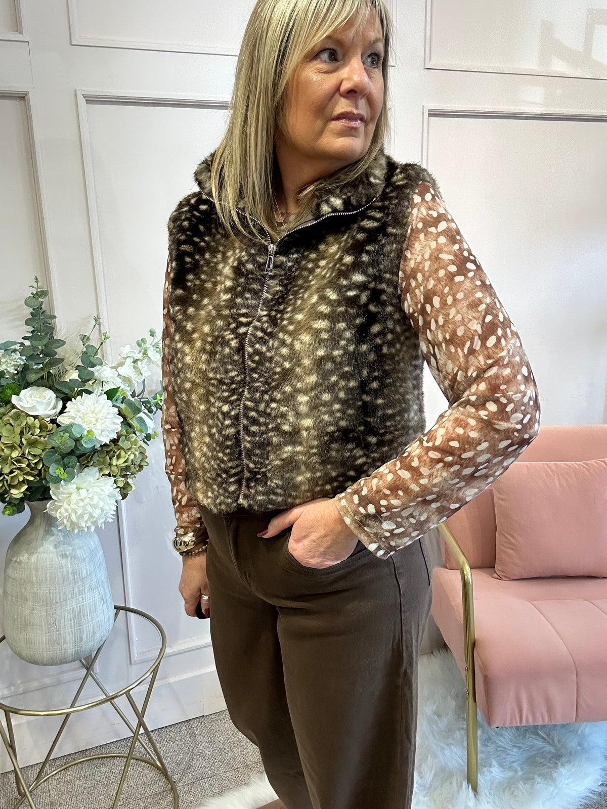Bambi Cosy Zip Gilet  - Brown/Cream