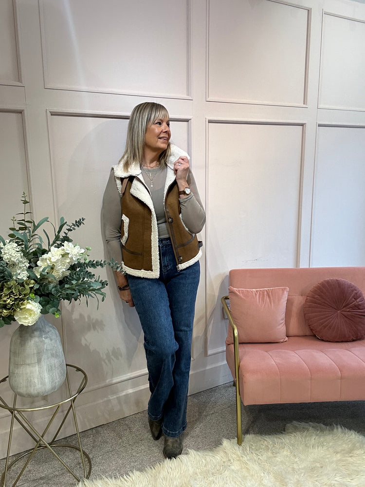 Faux Sheep Skin Gilet - Brown
