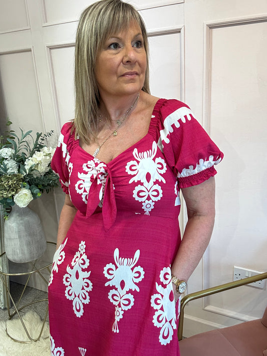 Damask Midi Dress - Cerise Pink/White - Wardrobe By Simone