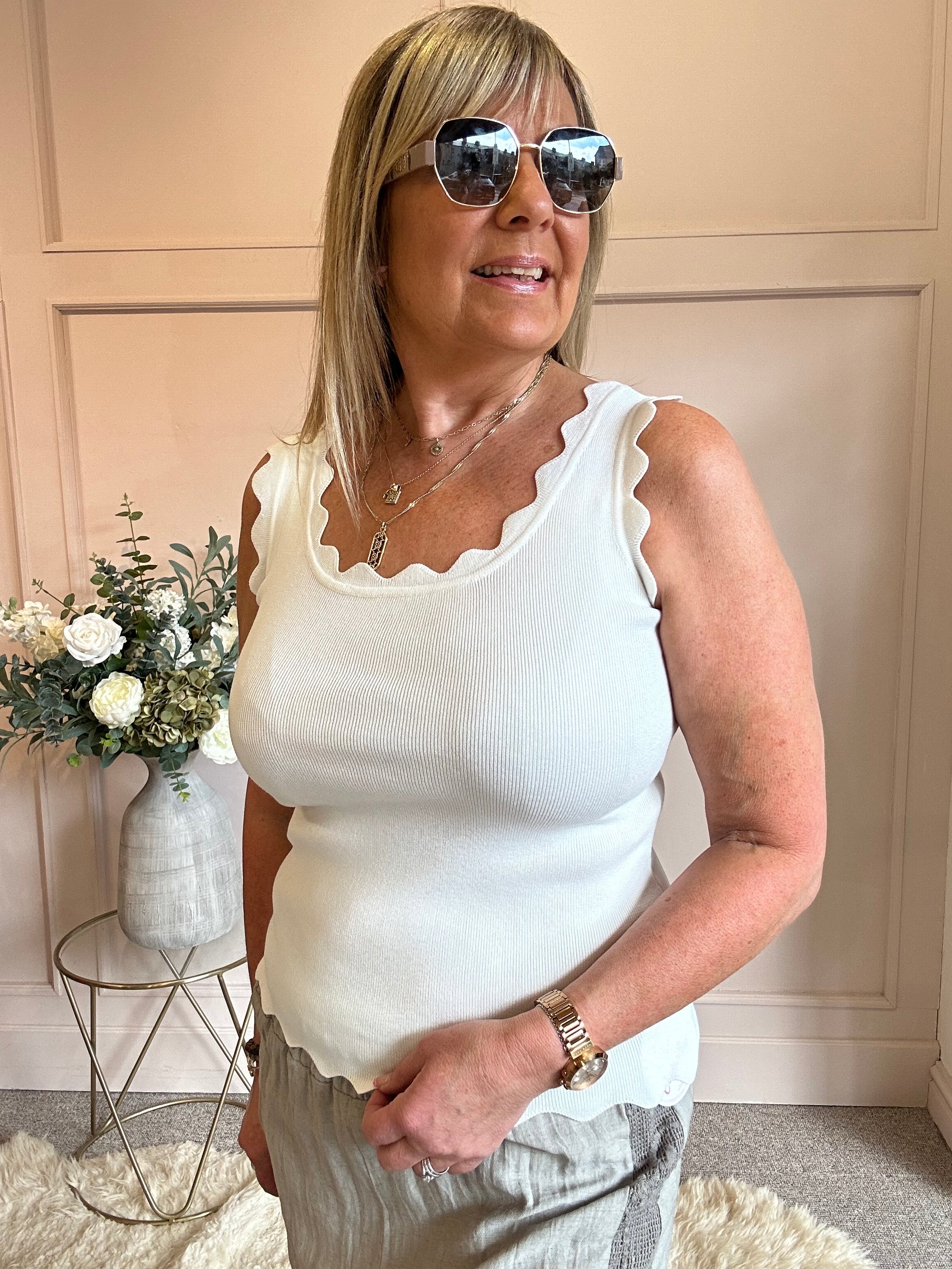 Scalloped Edged Vest Top - White - Wardrobe By Simone