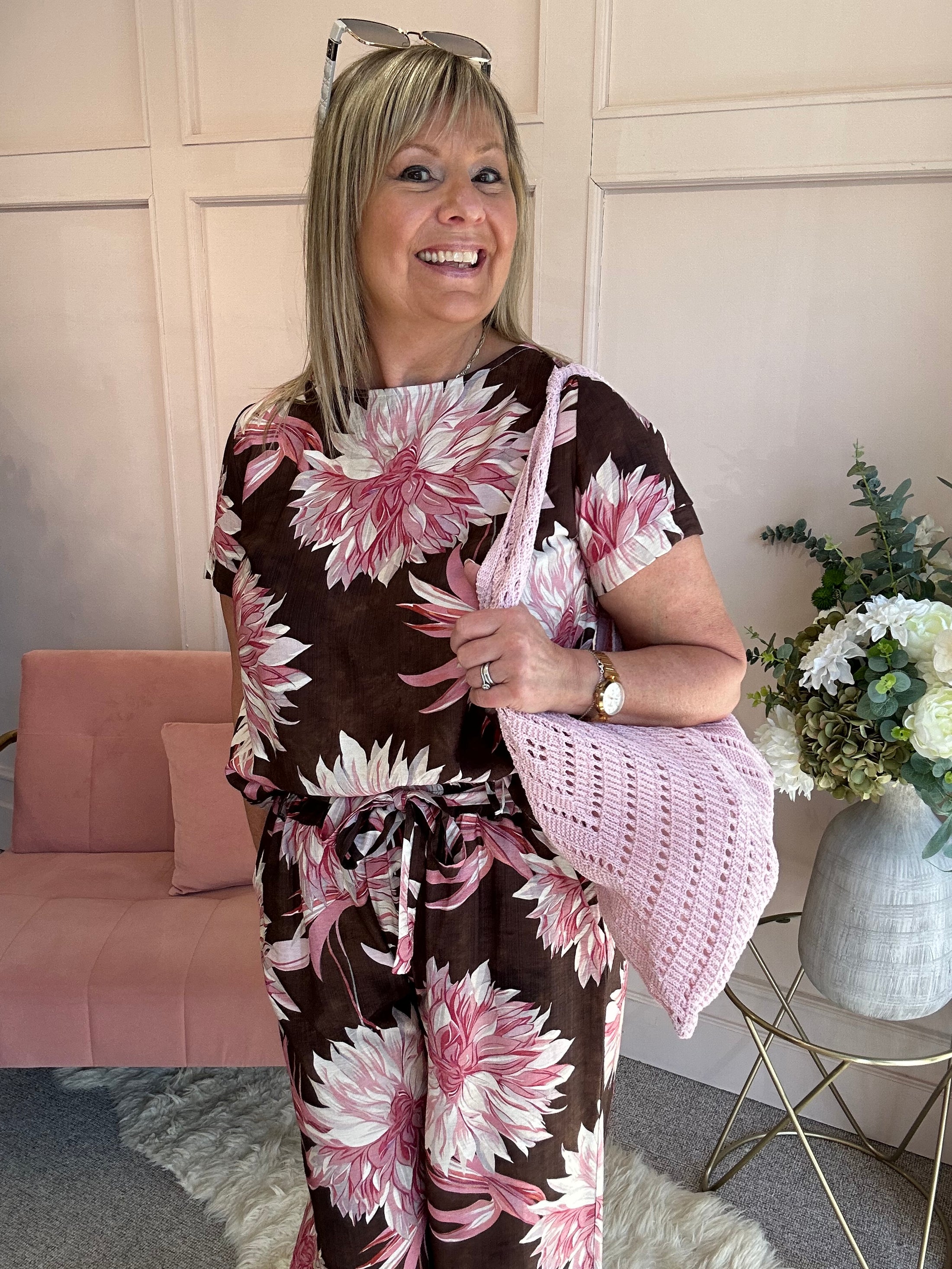 Tropical Top & Crop Pant Set - Brown/Pink - Wardrobe By Simone