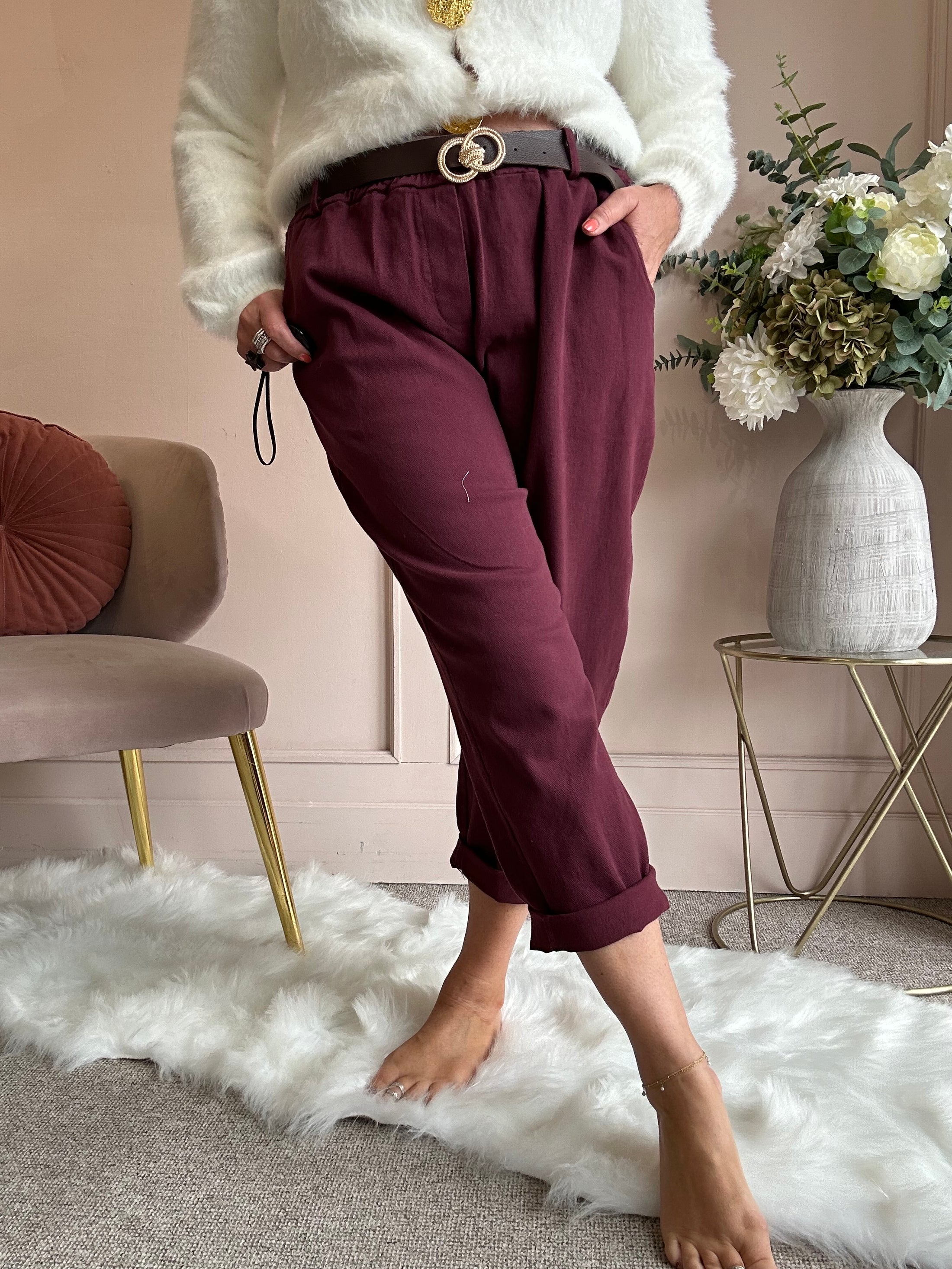 Belted Canvas Pant - Burgundy