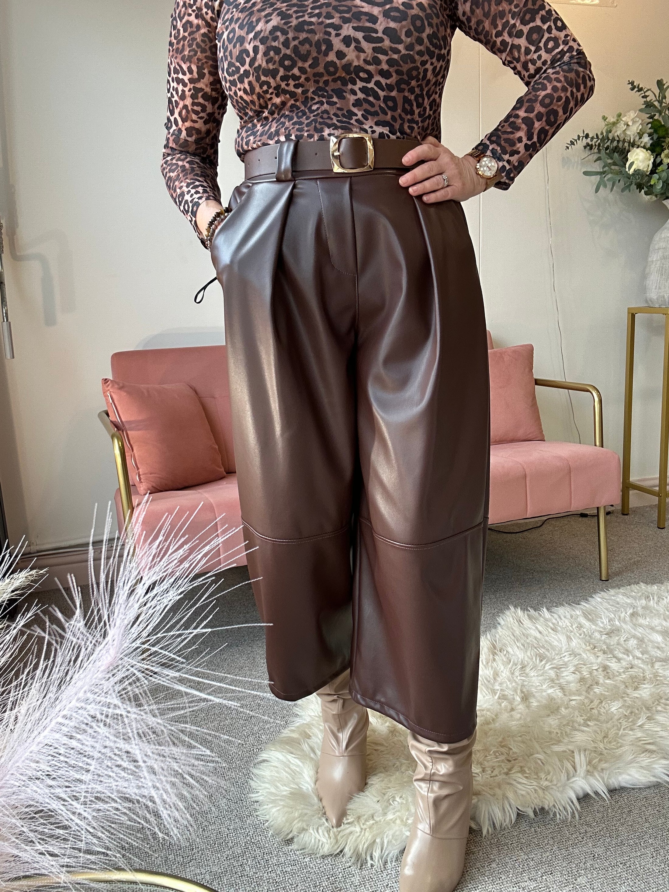 Faux Leather Wide Leg Trouser - Brown