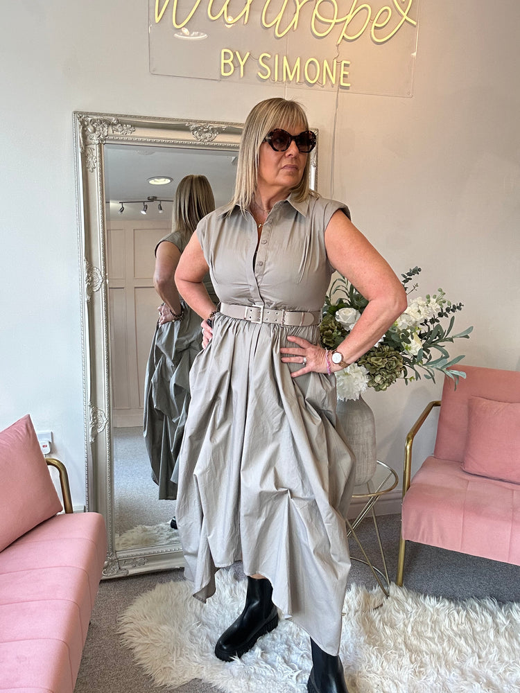 Quirky Belted Ruched Skirt Dress - Taupe