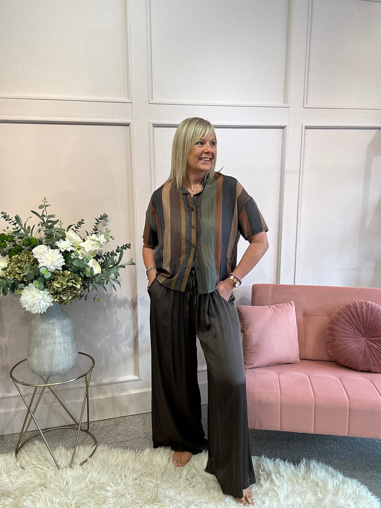 Bold Stripe Mandarin Shirt - Brown/Charcoal - Wardrobe By Simone