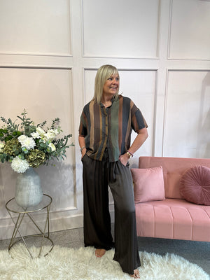 Bold Stripe Mandarin Shirt - Brown/Charcoal - Wardrobe By Simone