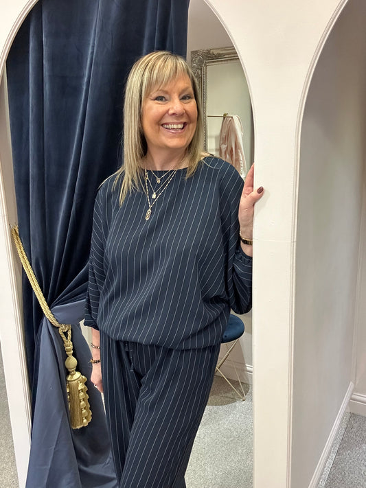 Pinstriped Batwing Top & Pant Set - Navy/White - Wardrobe By Simone