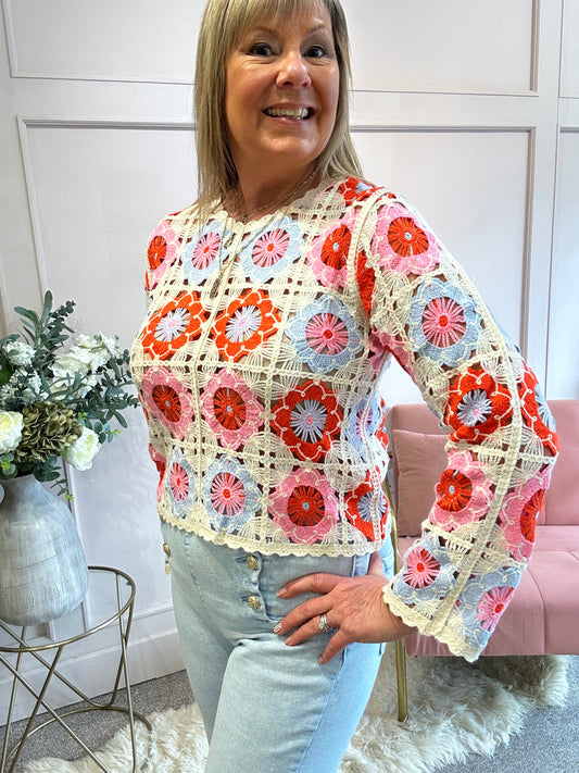 Crochet Jumper - Pink/Blue/Cream - Wardrobe By Simone