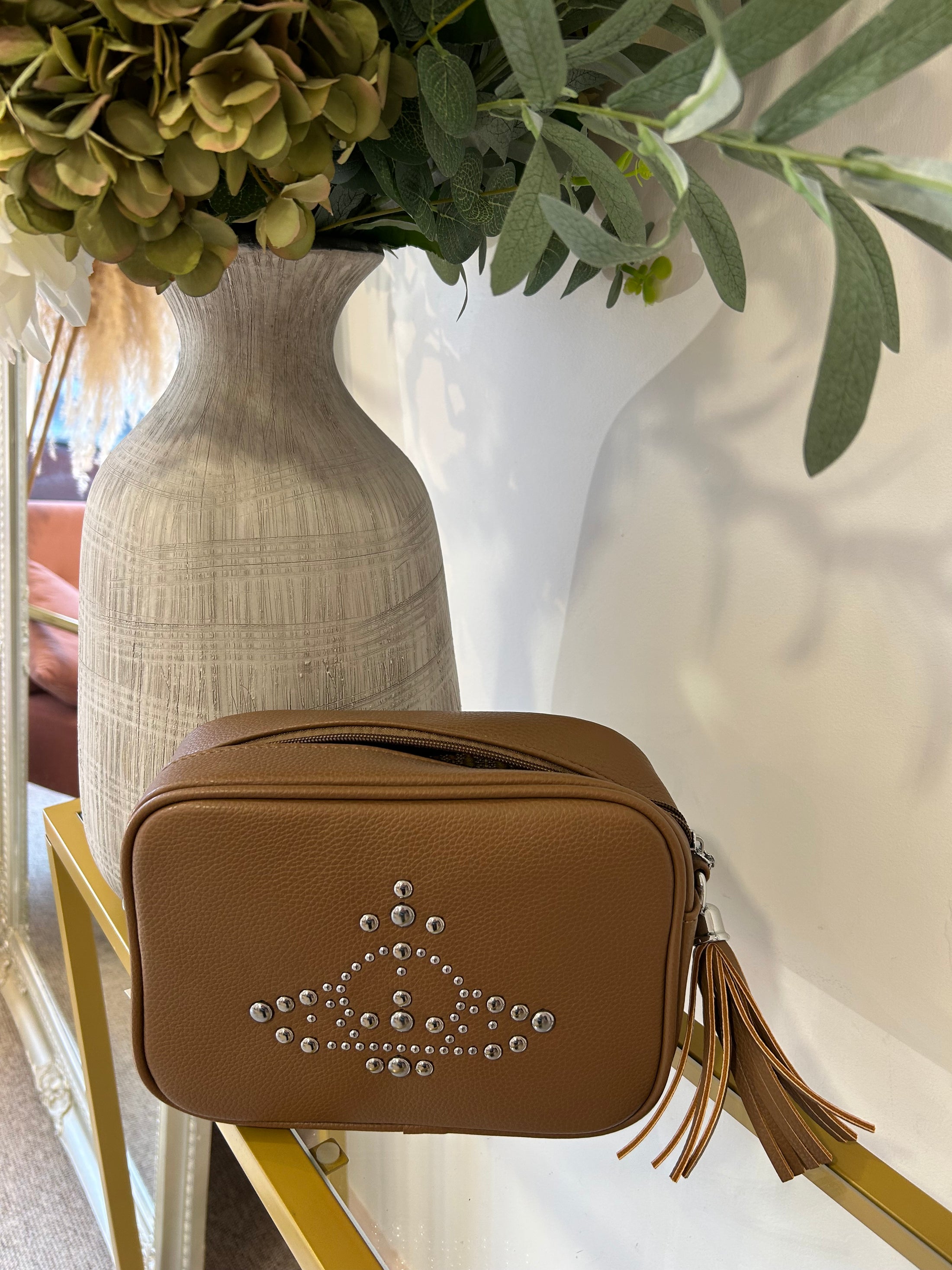 V Silver Stud Bag -  Tan Beige