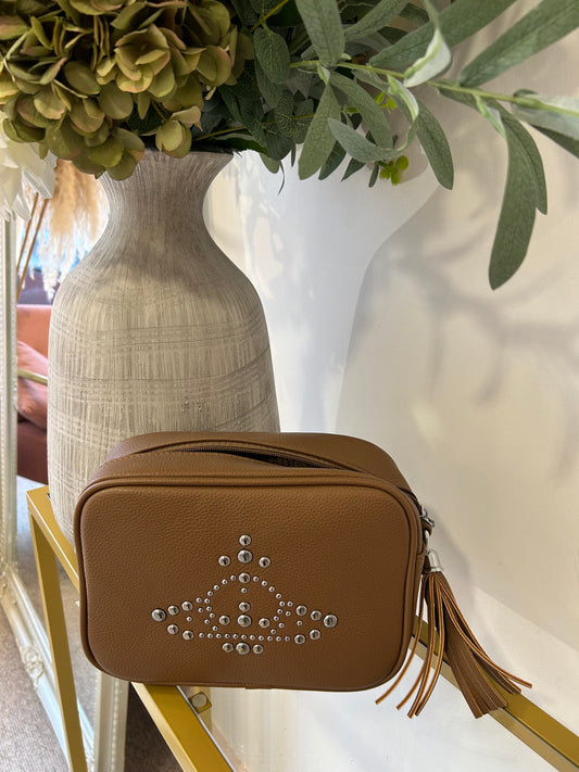 V Silver Stud Bag -  Tan Beige