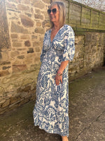 Flower Leaf Mix Maxi Dress - Blue/White