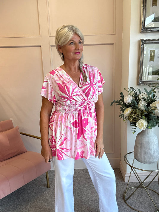 Slinky Cross Over Long Top  - Pink/White - Wardrobe By Simone