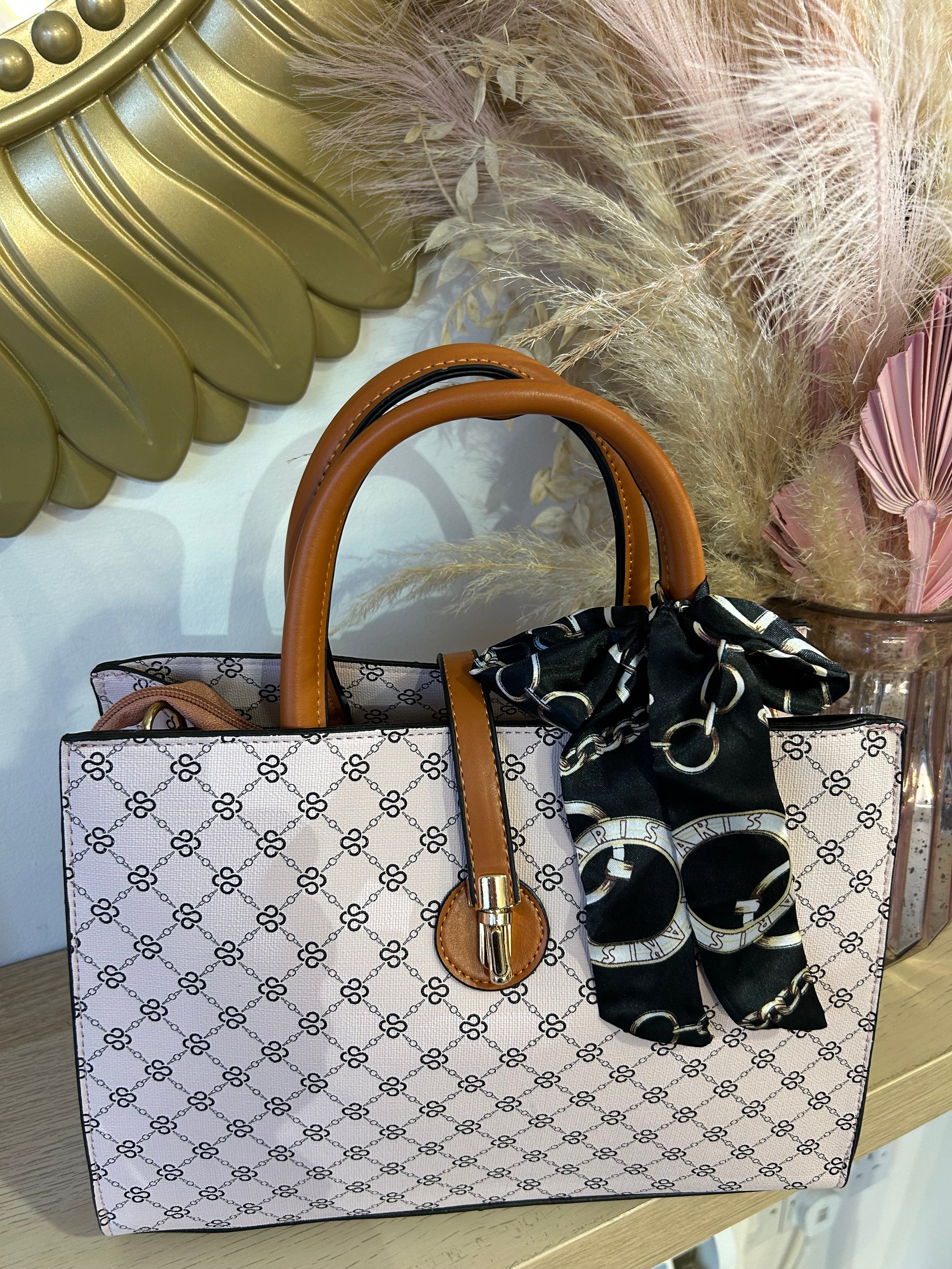 Structured Patterned Bag - Cream/Tan - Wardrobe By Simone