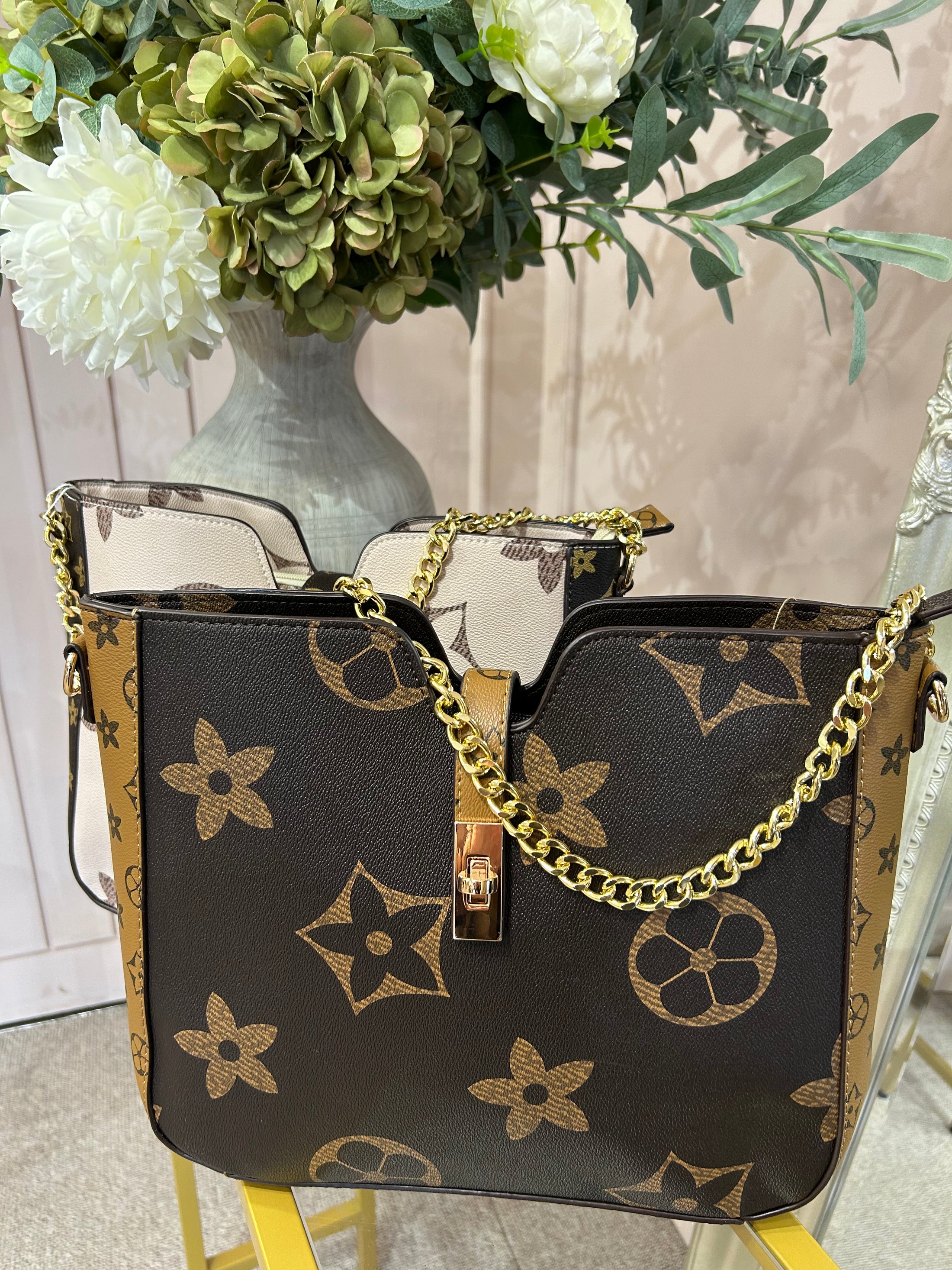 Structured Patterned Chain Bag - Brown/Tan - Wardrobe By Simone