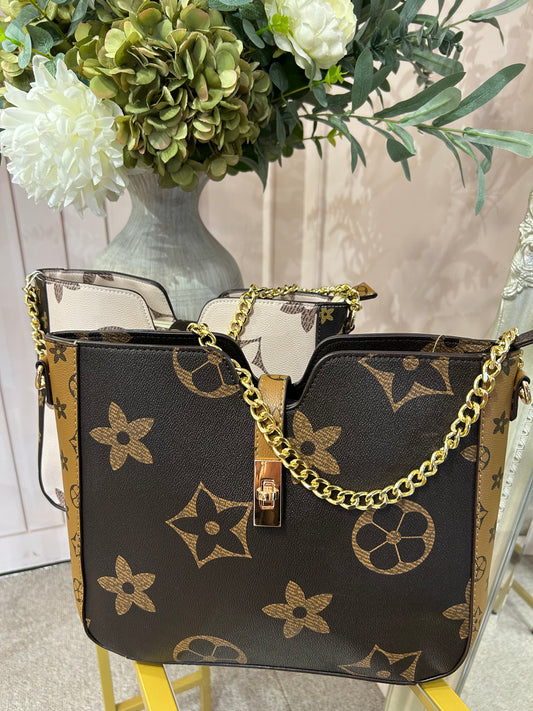 Structured Patterned Chain Bag - Brown/Tan - Wardrobe By Simone