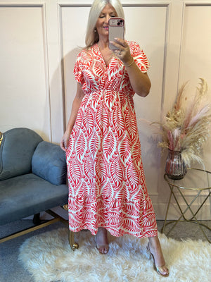 Summer Leaf Maxi Dress - Coral/Cream