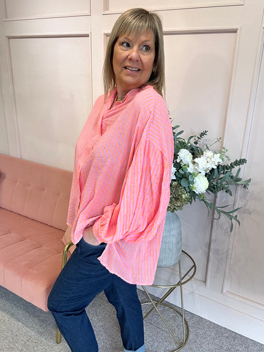 Striped Grandad Shirt - Pink/Orange - Wardrobe By Simone
