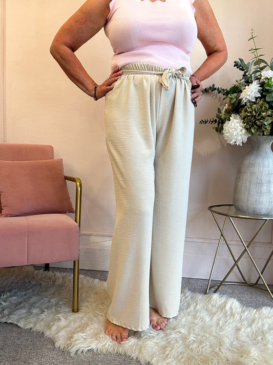 Tie Belt Wide Pant - Beige - Wardrobe By Simone