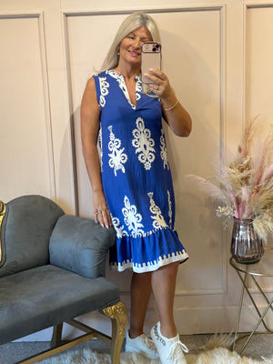 Damask Design Sleeveless Midi Dress - Blue