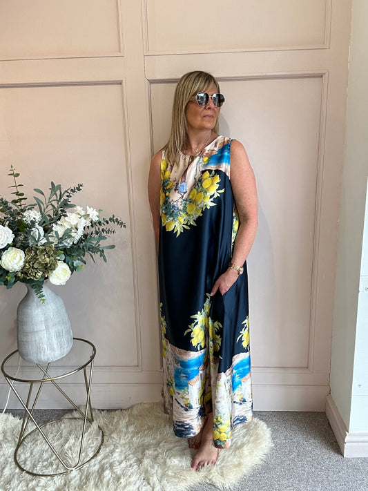 Santorini & Lemons Maxi Dress- Navy