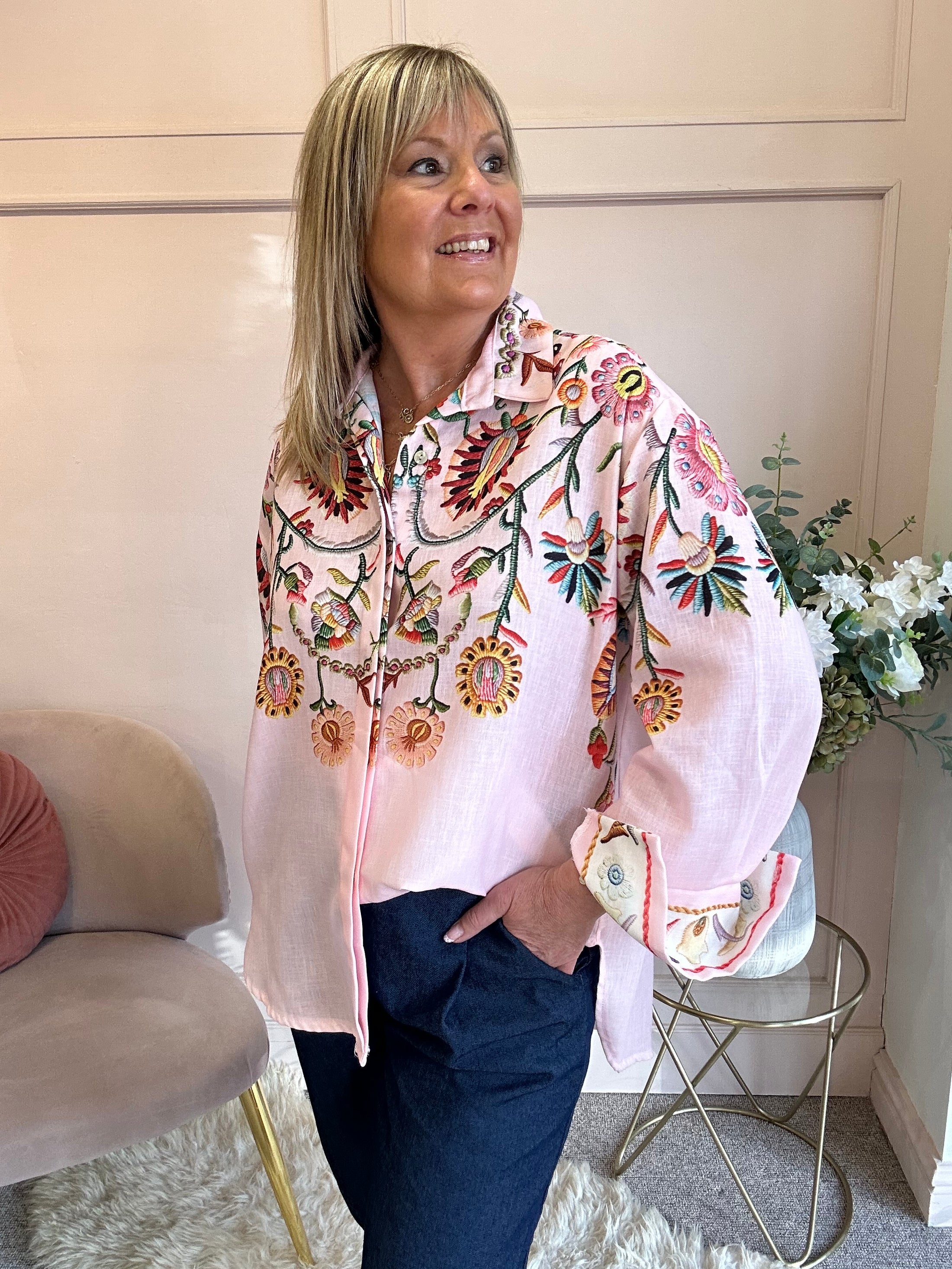 Cascading Floral Print Shirt  - Pink/MIx - Wardrobe By Simone