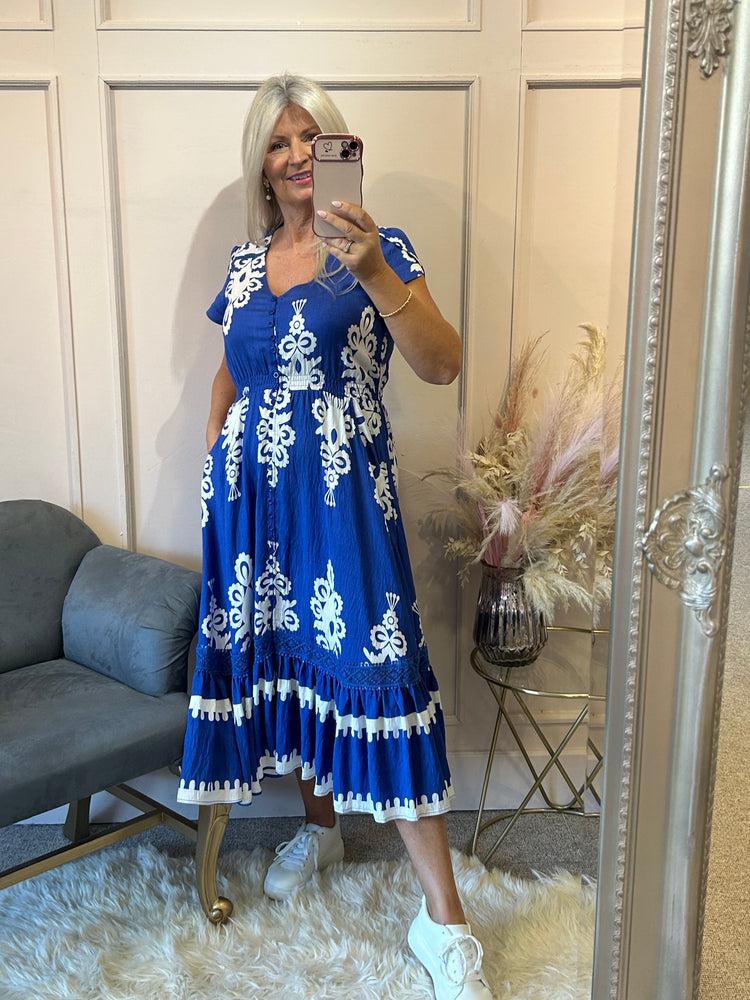 White Damask Design Midi Dress - Royal Blue - Wardrobe By Simone