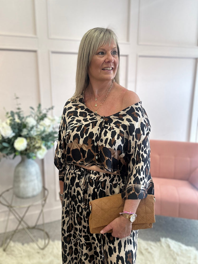 Leopard Top & Wide Pant Set - Black/Cream