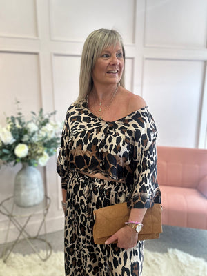 Leopard Top & Wide Pant Set - Black/Cream