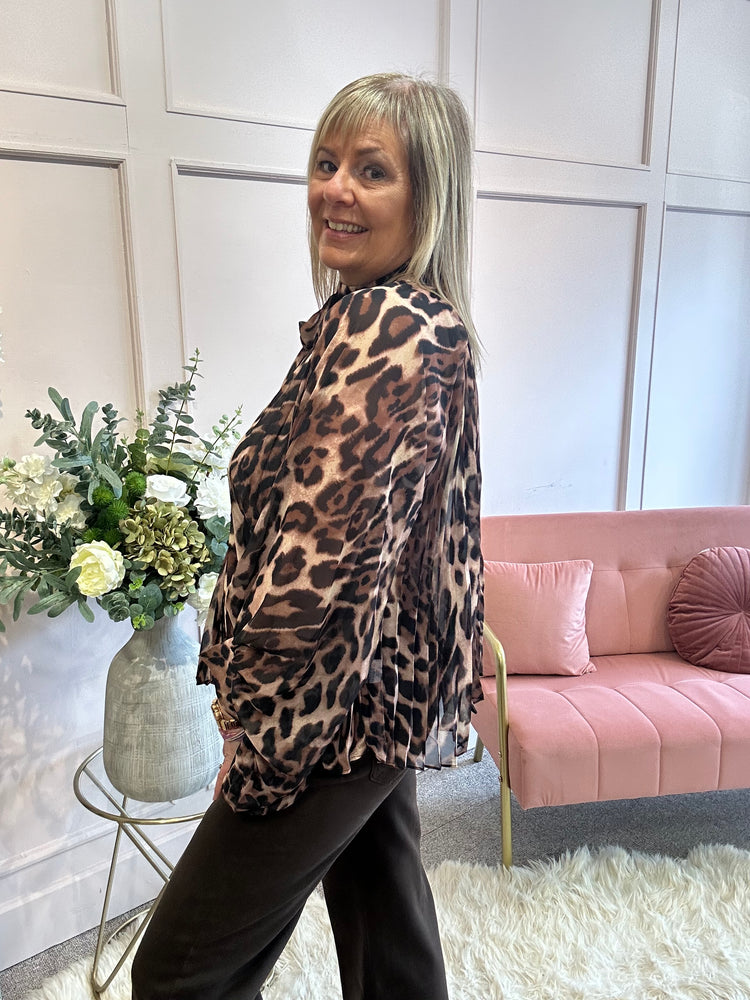 Leopard Floaty Tie Pleated Top - Leopard