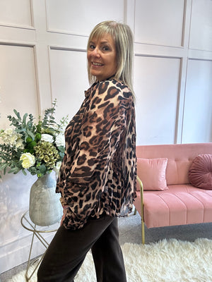 Leopard Floaty Tie Pleated Top - Leopard
