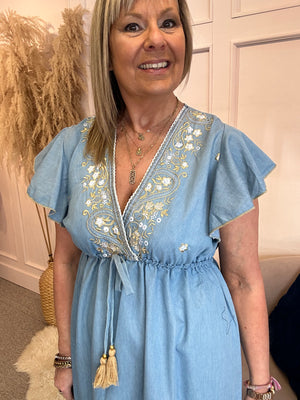 Boho Cap Sleeved Embroidered Dress - Mid Blue - Wardrobe By Simone