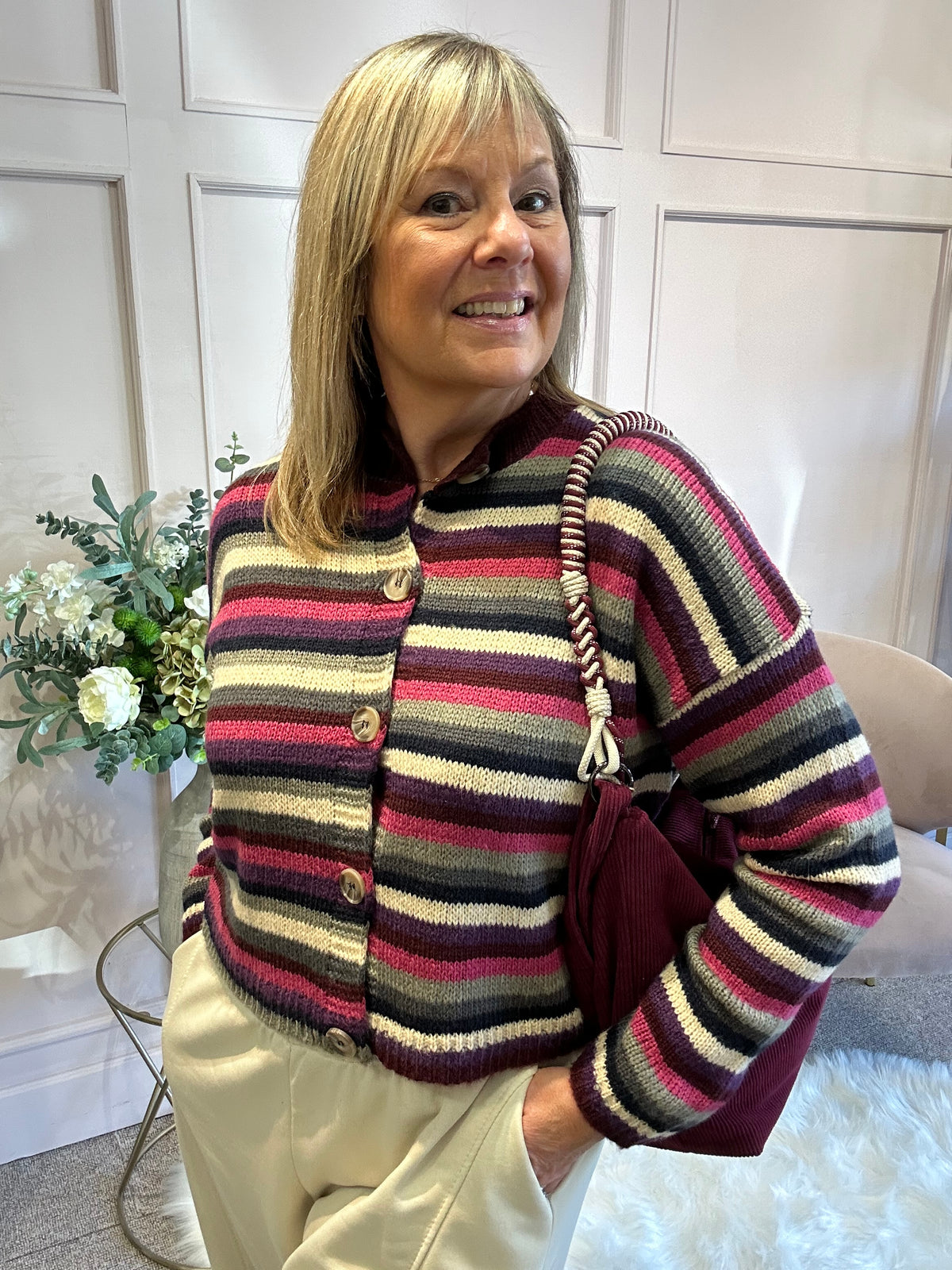 Striped Knit Cardigan - Plum/Khaki