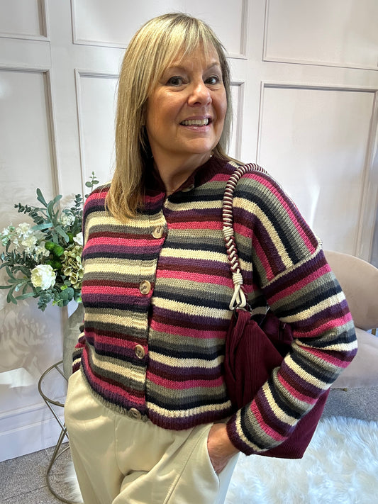 Striped Knit Cardigan - Plum/Khaki - Wardrobe By Simone