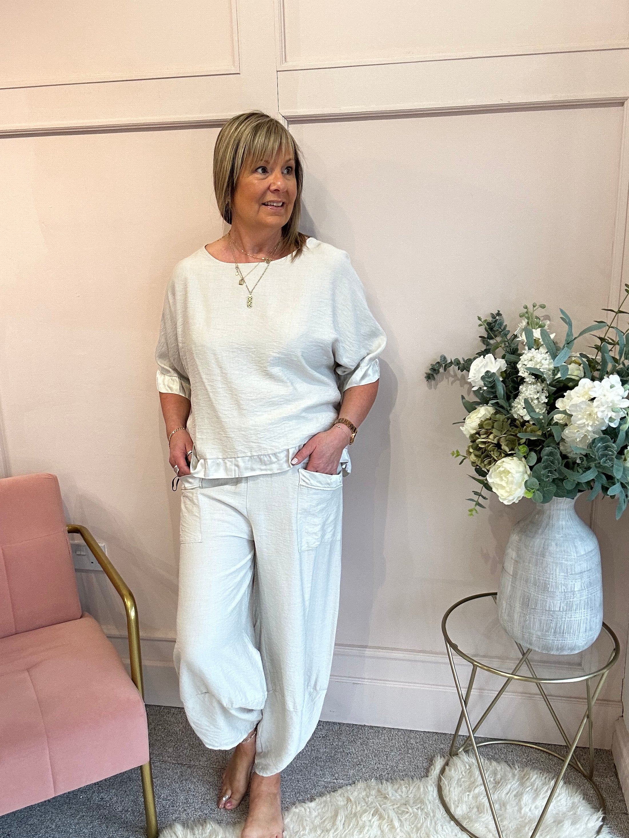 Top & Harem Pant Set - Soft Beige - Wardrobe By Simone