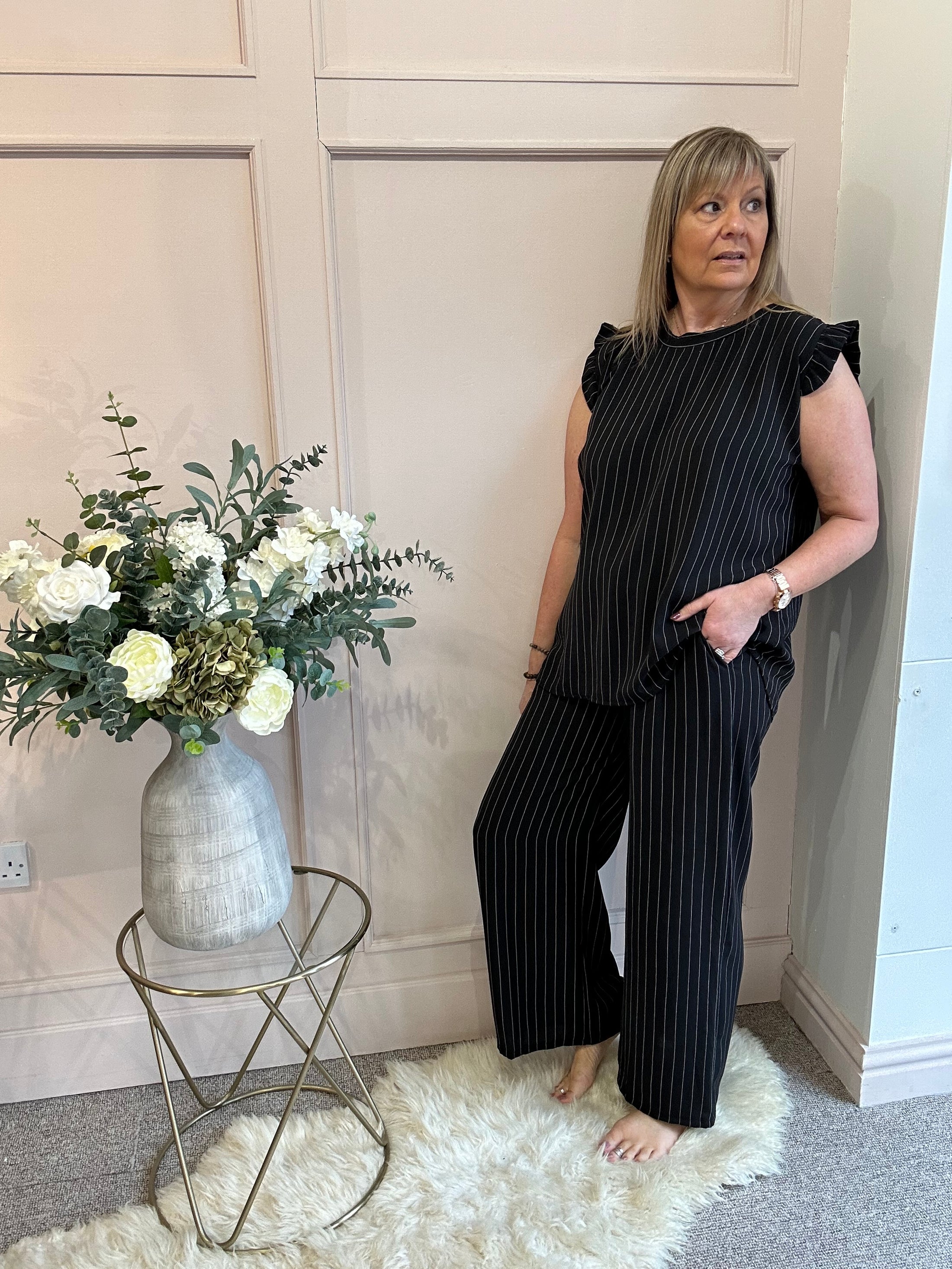 Pinstriped Frill Cap Top & Pant Set - Black/White - Wardrobe By Simone