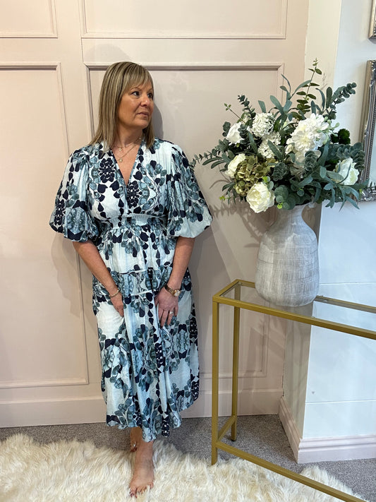 Floral Leaf Dress  - Blues - Wardrobe By Simone