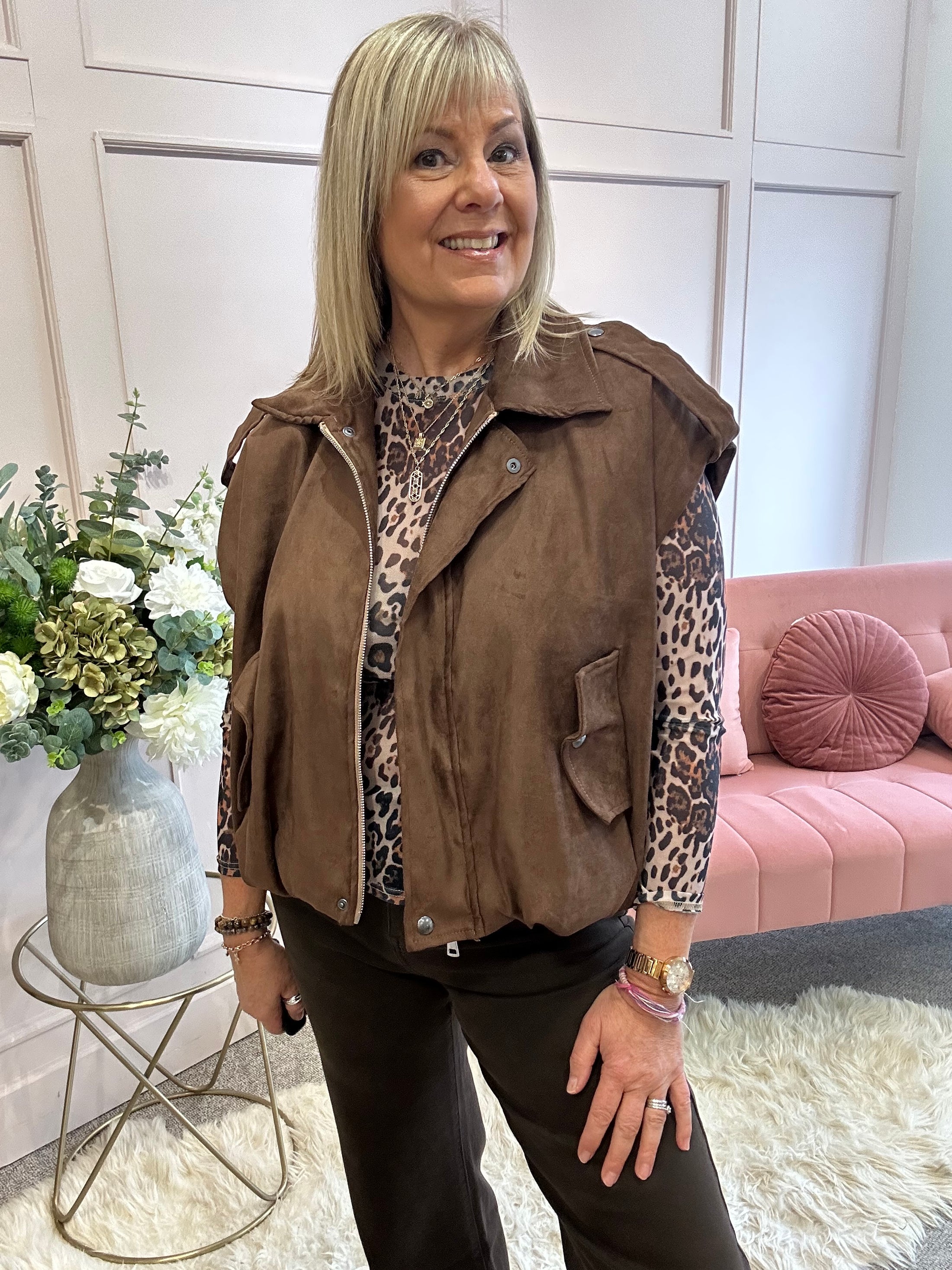 Suedette Sleeveless Jacket - Brown