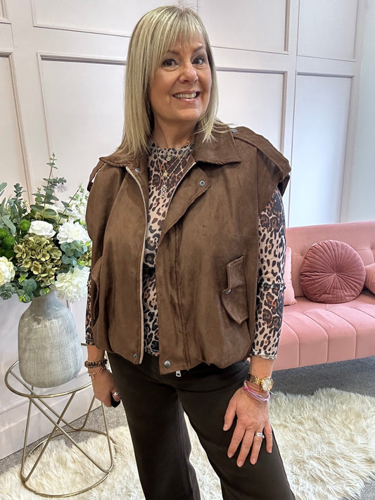 Suedette Sleeveless Jacket - Brown