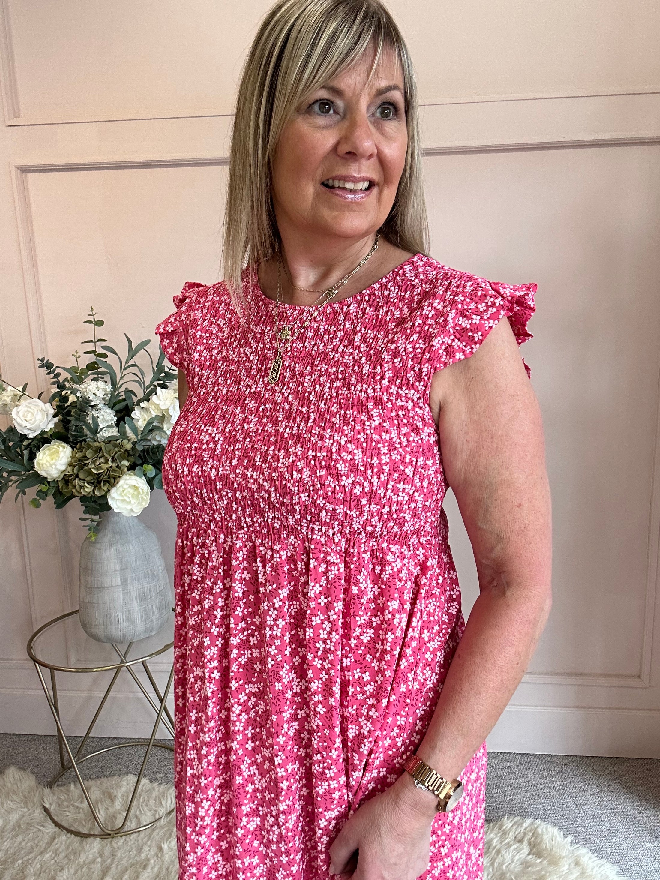 Ditsy Print Dress - Fuchia One Size