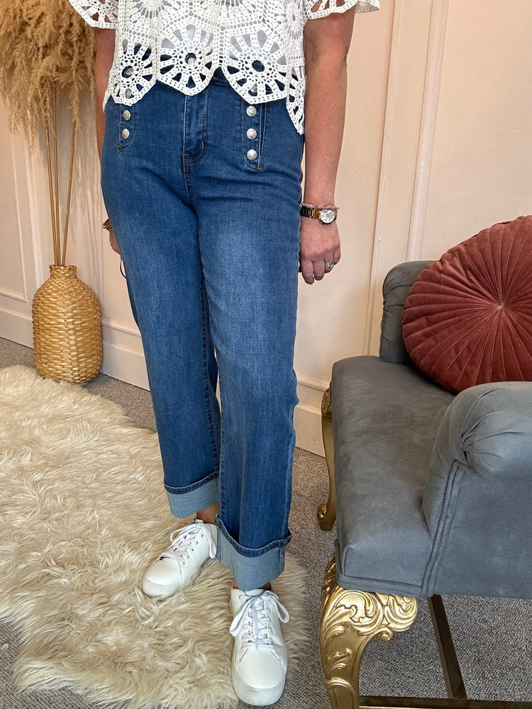Gold Button Wide Cuff Jeans - Mid Blue