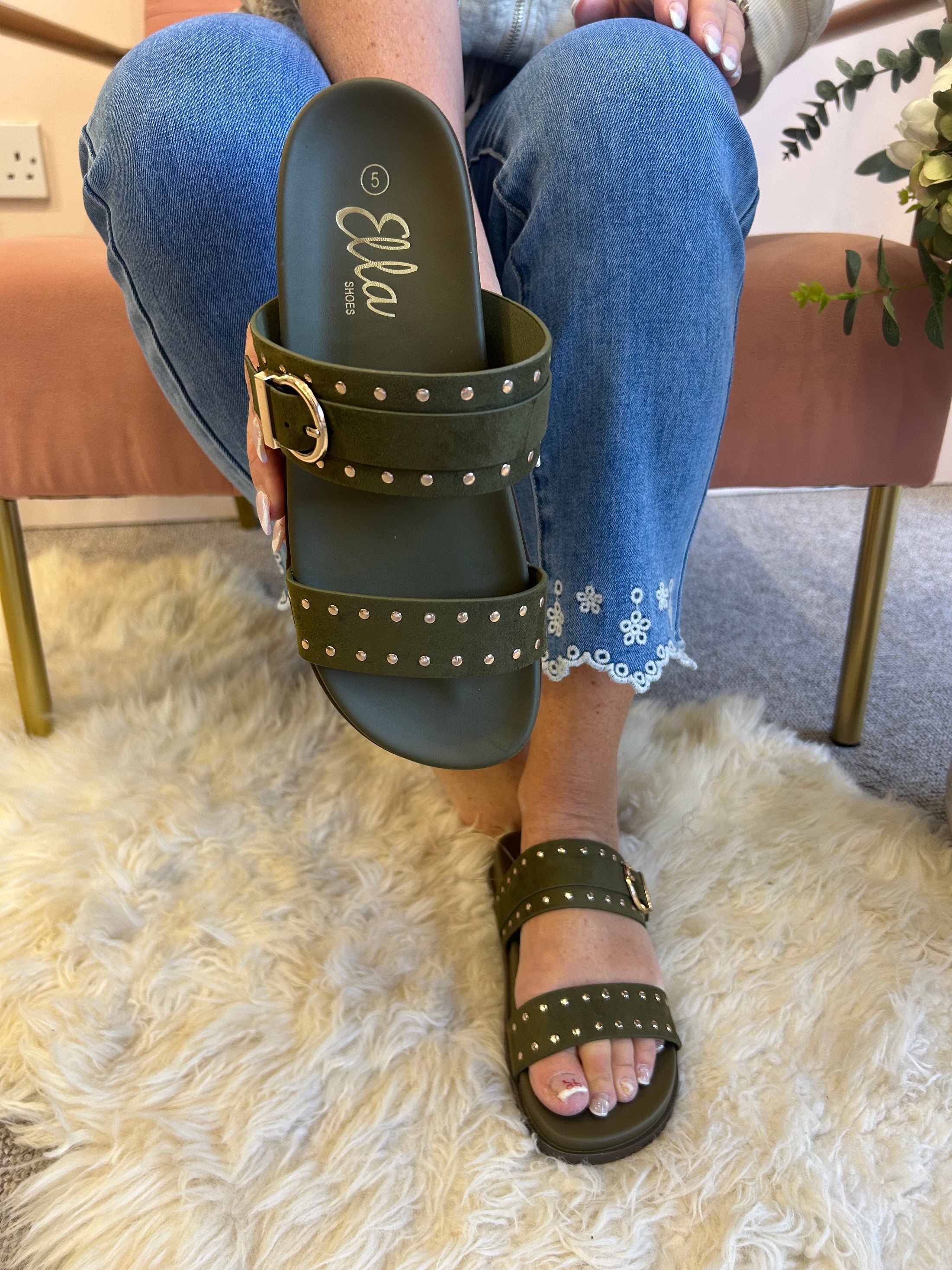 Julia Gold Stud & Buckle Sandal - Olive