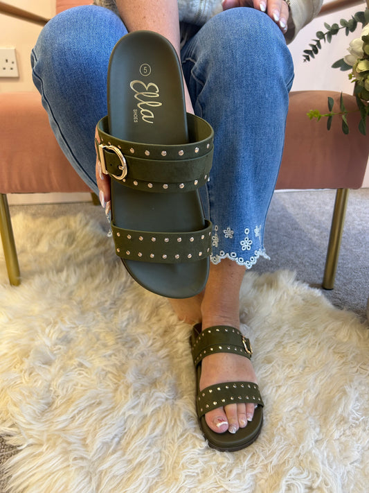 Julia Gold Stud & Buckle Sandal - Olive