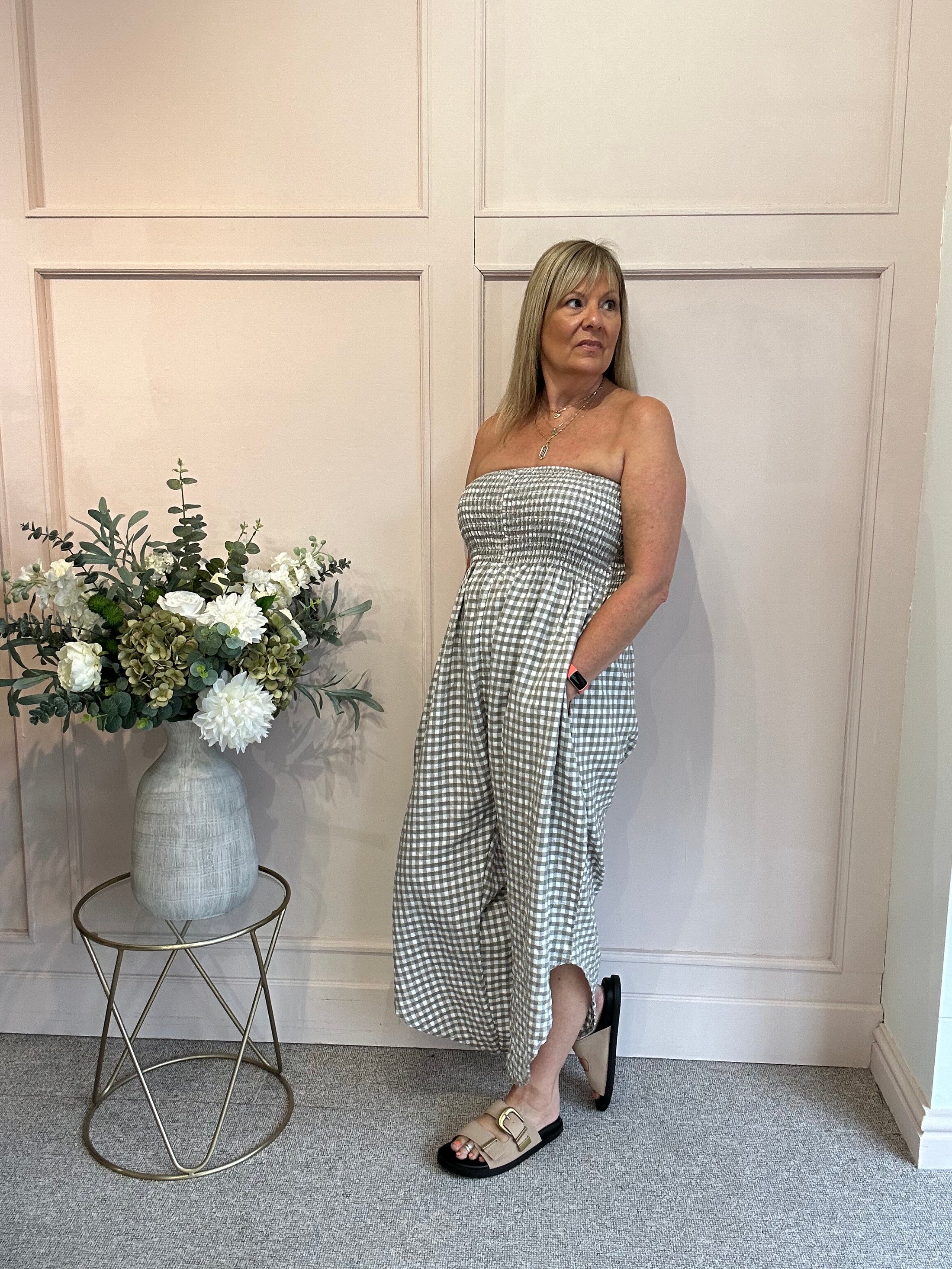 Elasticated Bodice & Gingham Jumpsuit - Taupe/White