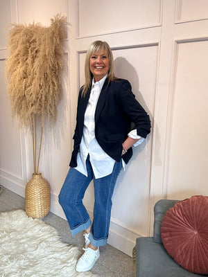 Ruffle Sleeved Blazer - Navy