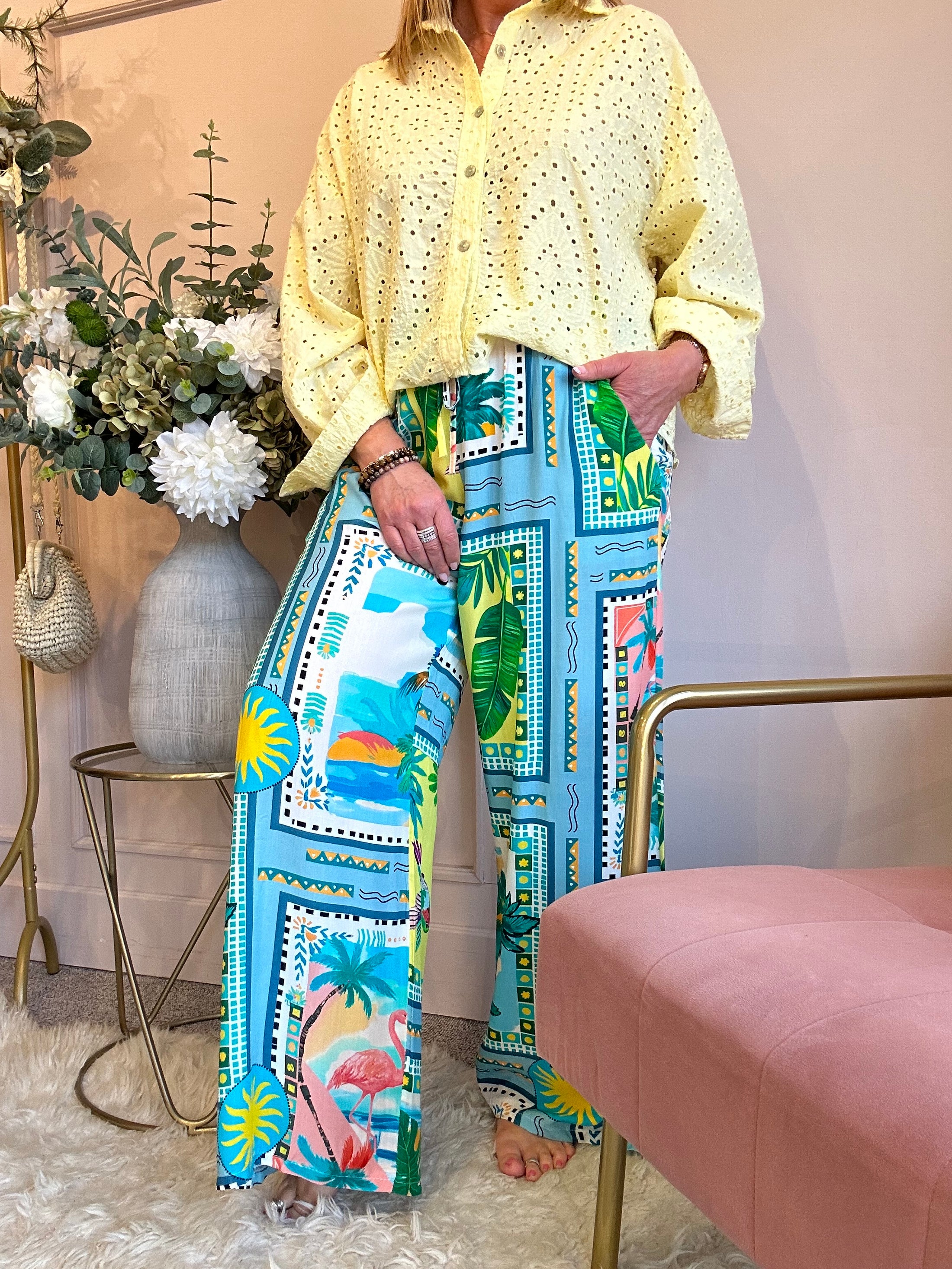 Club Tropicana Wide Leg Pant - Turquoise/Green - Wardrobe By Simone