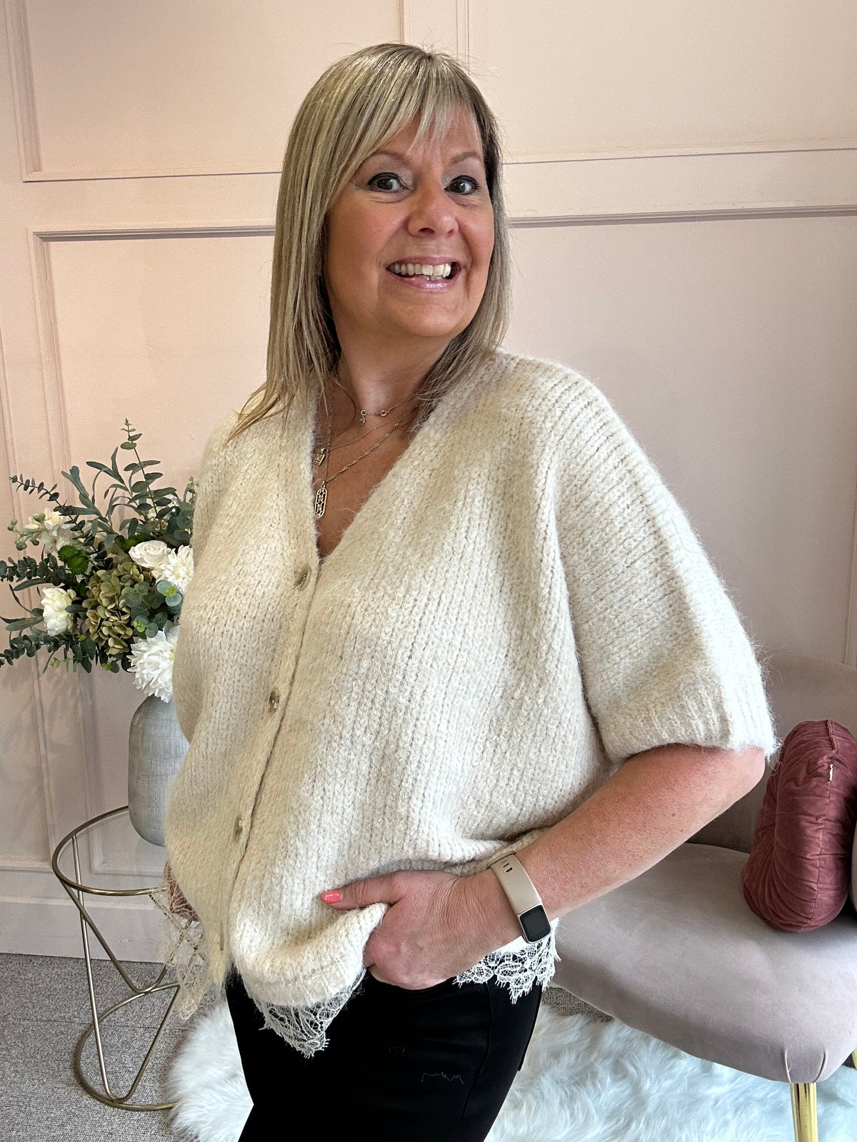 Lace Trim Cardigan - Soft Beige