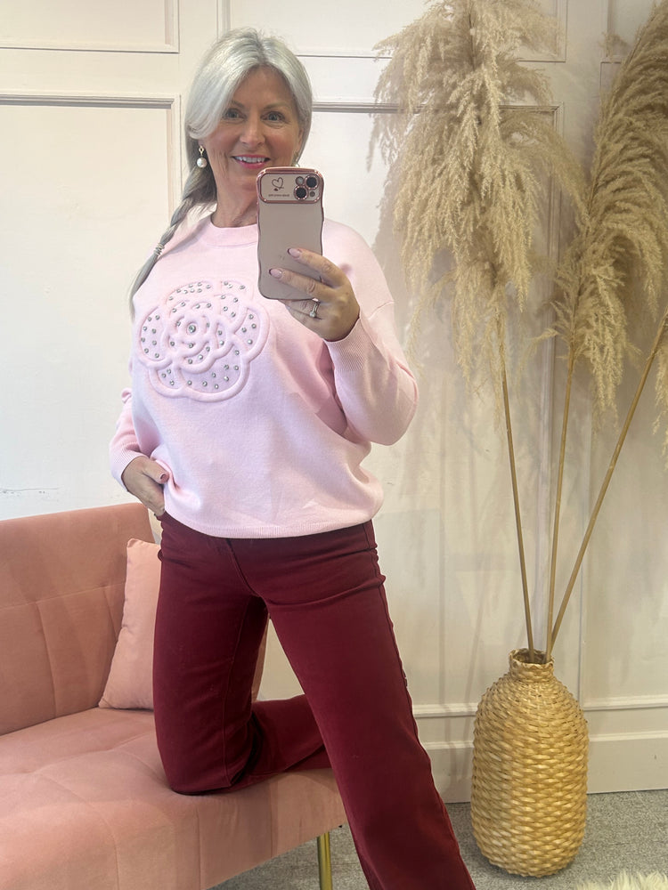 Flower & Silver Gems Jumper - Soft Pink