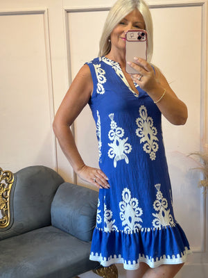 Damask Design Sleeveless Midi Dress - Blue