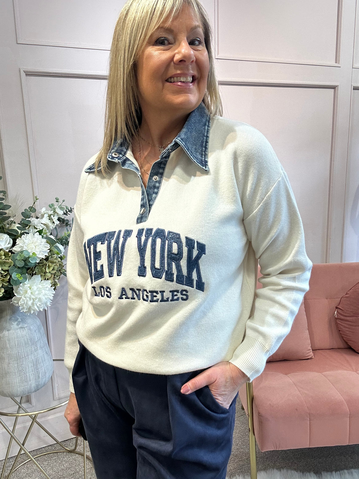 New York Denim Collar Jumper - Cream