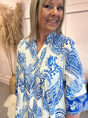 Floral Paisley Smock Tunic Dress - Blue/White - Wardrobe By Simone